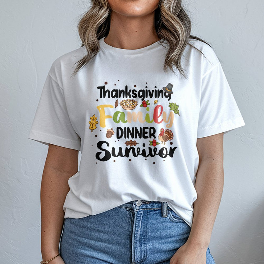 Thanksgiving Family Dinner Survivor T-Shirt | Funny Turkey Day Graphic Tee | Premium 100% Cotton | Gift For Friends & Family Matching Apparel