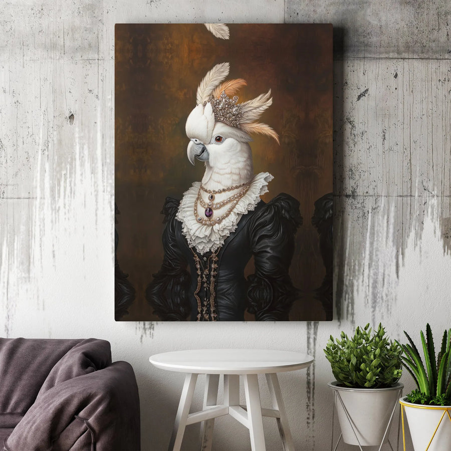 Cockatoo Queen Wall Art | Victorian Portrait with Royal Crown | Premium 1.25-inch Thick Gallery Canvas | Unique Bird Lover Gift for Home Decor