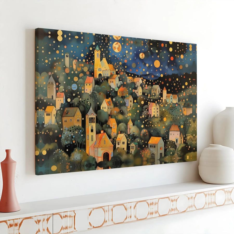 Whimsical Village Canvas Wall Art | Enchanted Night Sky Hillside Town | Premium Gallery Wrap Canvas | Living Room Wall Decor Gift