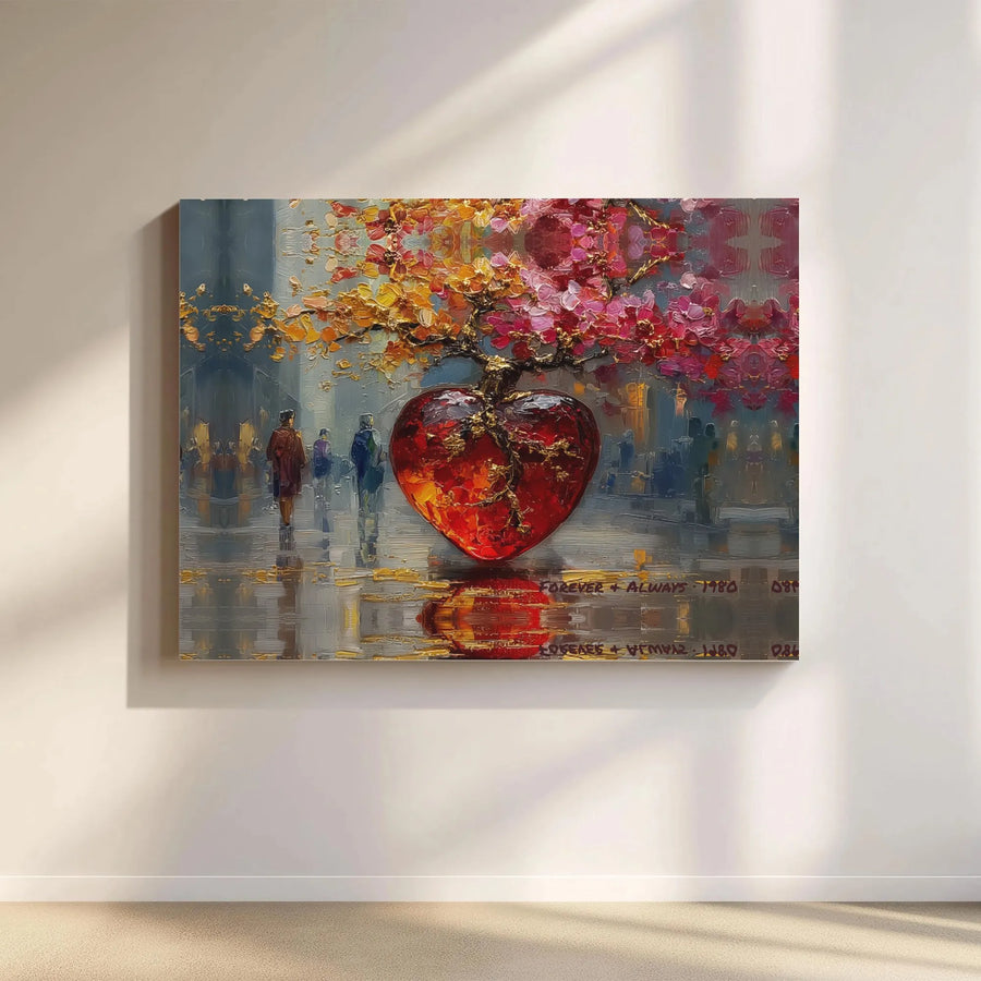 Abstract Love Heart Tree Canvas Wall Art | Romantic Cityscape Oil Painting Print | Gallery Wrapped 1.25" Frame | Unique Anniversary Gift For Couple