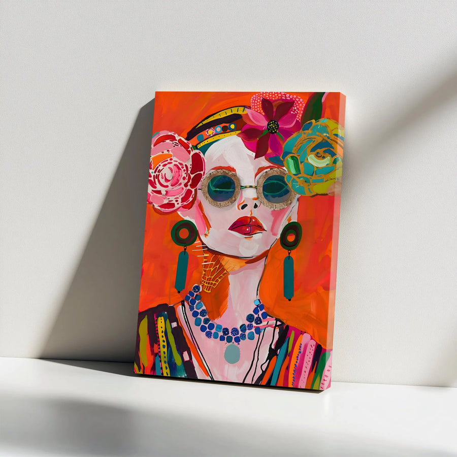 Bohemian Woman Canvas Print | Vibrant Abstract Floral Portrait | Premium High-Resolution Art | Modern Eclectic Home Decor Gift