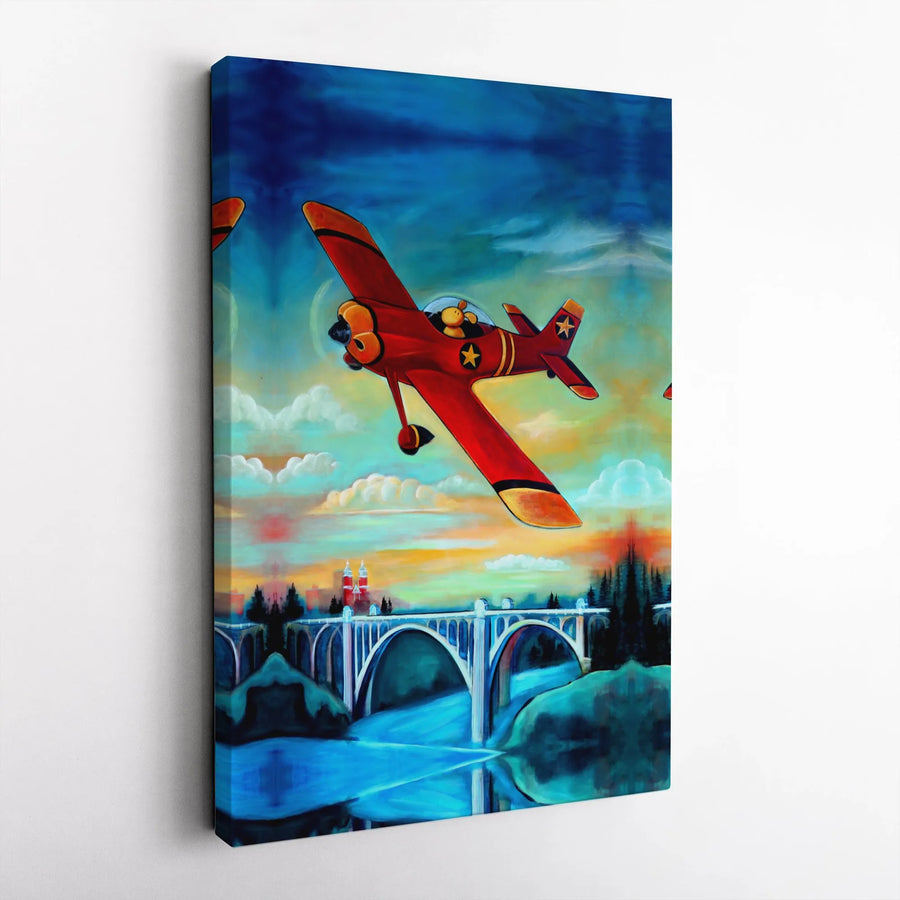 Red Airplane Wall Art | Whimsical Pilot Flying Over Bridge Canvas | Premium 1.25-Inch Gallery Wrap | Nursery Decor & Aviation Gift for Kids