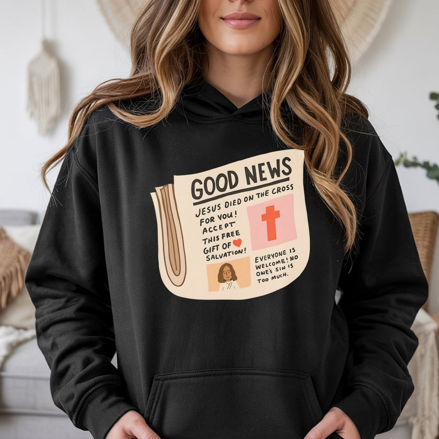 Good News Christian Hoodie | Jesus Newspaper Graphic Design | Premium Cotton Blend Pullover | Meaningful Religious Gift for Men and Women