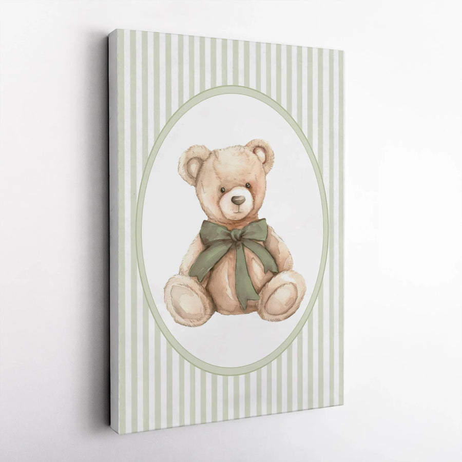 Watercolor Teddy Bear Wall Art | Cute Sage Green Bow Nursery Decor | Premium Gallery Wrap Canvas | Gift for Baby Shower or Kid Room