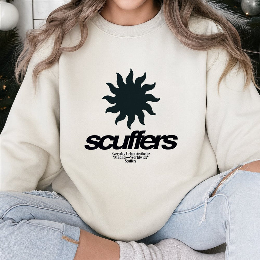 Scuffers Sun Graphic Sweatshirt | Retro Urban Aesthetic Design | Premium Cotton Blend Crewneck | Unisex Streetwear Gift for Men and Women