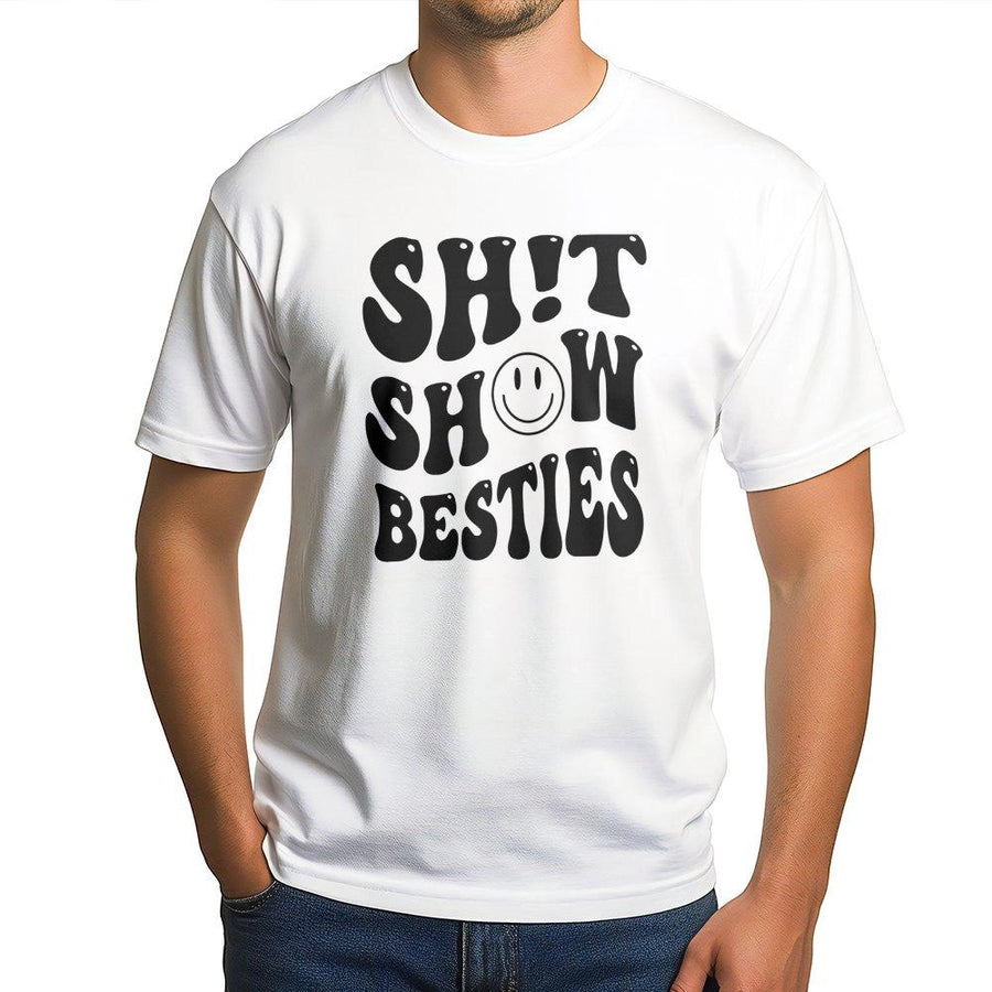 Shit Show Besties T-Shirt | Retro Wavy Typography Graphic | Premium Soft Cotton Tee | Funny Gift For Best Friends & Matching Sister Outfits