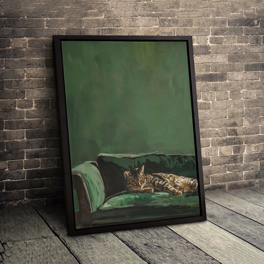 Tabby Cat On Green Couch Canvas Art | Modern Oil Painting Style Wall Decor | Premium 1.25" Gallery Wrap | Aesthetic Gift For Cat Lovers