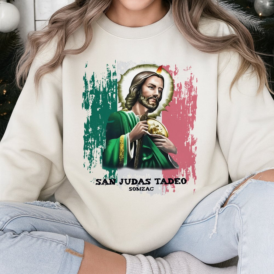 San Judas Tadeo Sweatshirt | Mexican Flag Religious Icon Graphic | Premium Cotton Blend Crewneck | Catholic Faith Gift for Men and Women