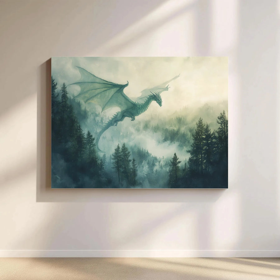 Dragon Wall Art Canvas | Misty Pine Forest Fantasy Print | 1.25 Inch Gallery Wrap | Epic Fantasy Decor for Living Room Bedroom