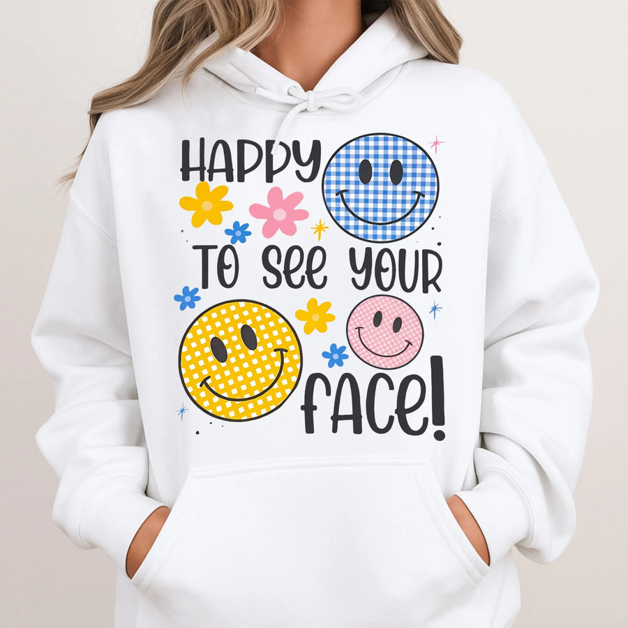 Happy To See Your Face Hoodie | Retro Smiley Flower Graphic | Premium Cotton Blend Pullover | Cute Positive Vibes Gift For Her & Teens