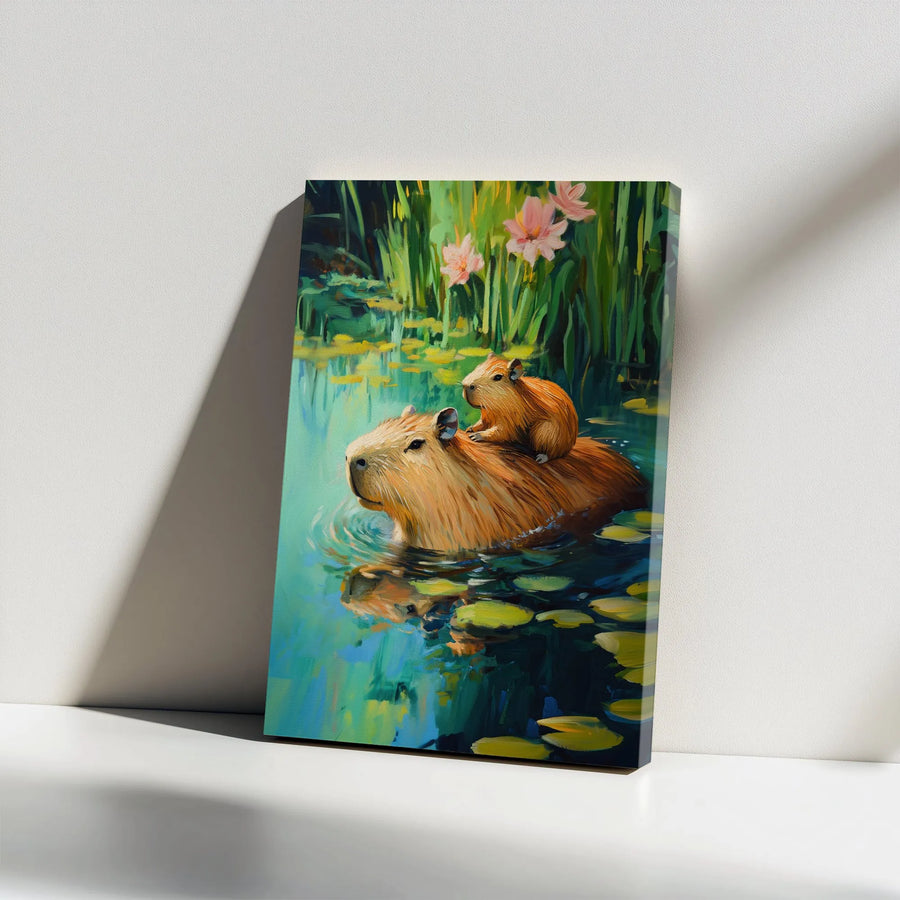 Capybara Wall Art Canvas Print | Mother and Baby in Lily Pond Painting | Premium Gallery Wrapped Canvas | Gift for Animal Lover, Nursery Decor
