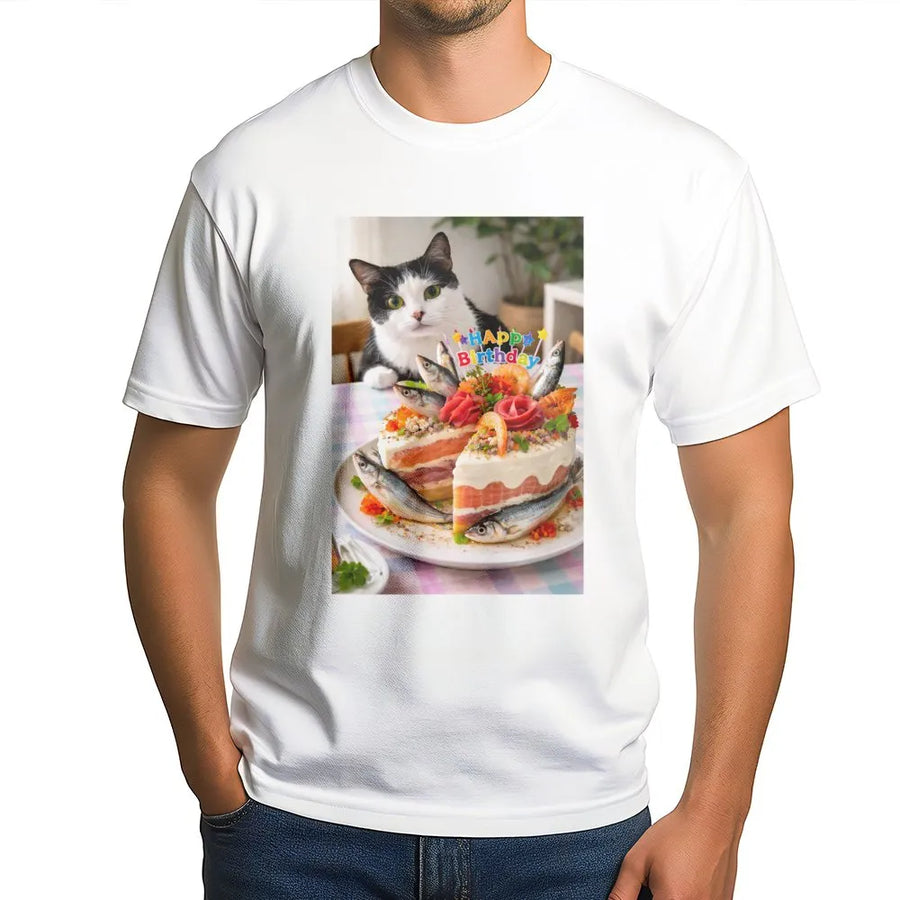 Cat Birthday T-Shirt | Funny Fish Cake Graphic Tee | Premium 100% Cotton Shirt | Unique Gift for Cat Lovers & Pet Owners