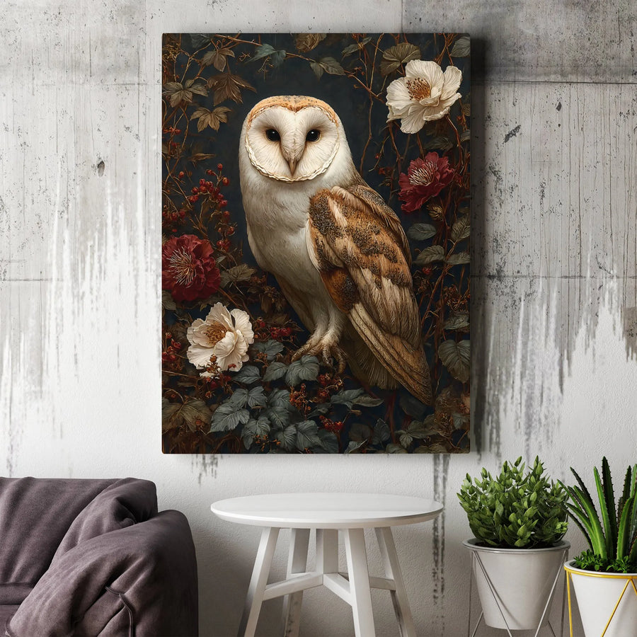 Barn Owl Wall Art | Dark Botanical Floral Painting | Premium Gallery Wrap Canvas | Vintage Style Home Decor Gift for Bird Lovers