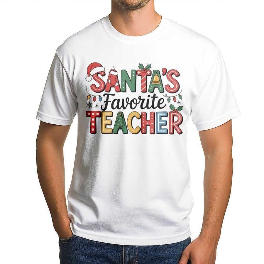 Santa's Favorite Teacher T-Shirt | Festive Christmas Holiday Graphic Tee | Soft Cotton Unisex Apparel | Perfect End of Year Gift for Educators