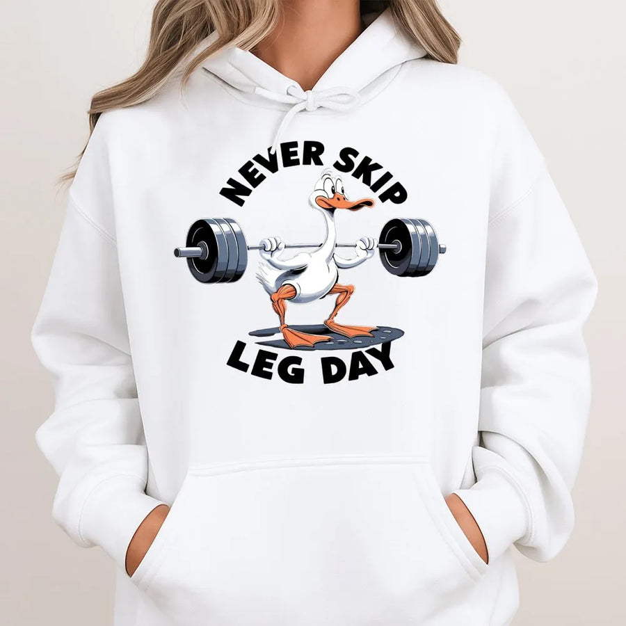 Never Skip Leg Day Hoodie | Funny Goose Gym Workout Design | Premium Cotton Blend Pullover | Gift for Bodybuilders Weightlifters Men Women