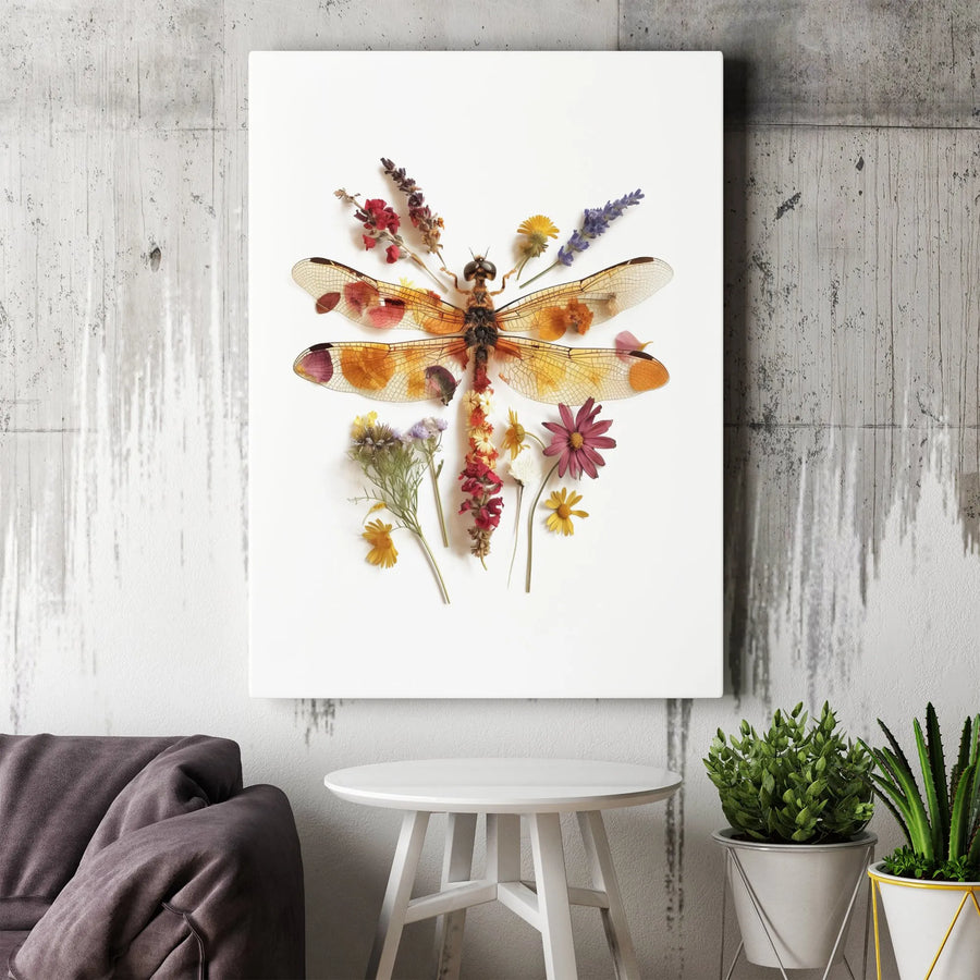 Pressed Flower Dragonfly Canvas Art | Botanical Insect Wall Decor | Premium Gallery-Wrapped Print | Nature-Inspired Home Gift for Nature Lovers