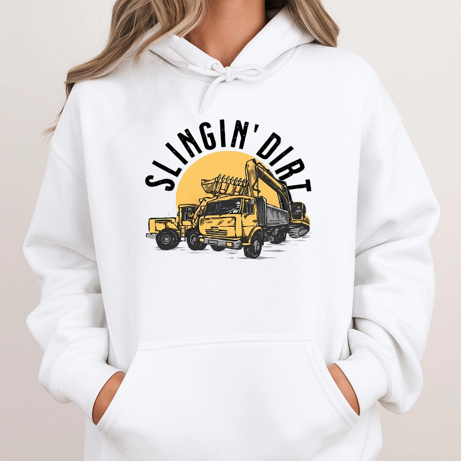 Heavy Equipment Operator Hoodie | Slingin' Dirt Excavator Construction Graphic | Premium Cotton Blend | Gift For Construction Worker Dad
