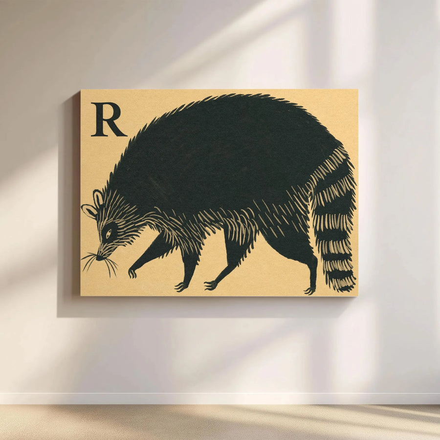 Raccoon Wall Art Canvas | Vintage Alphabet Letter R Illustration | Premium Gallery Wrapped Print | Modern Nursery or Office Decor