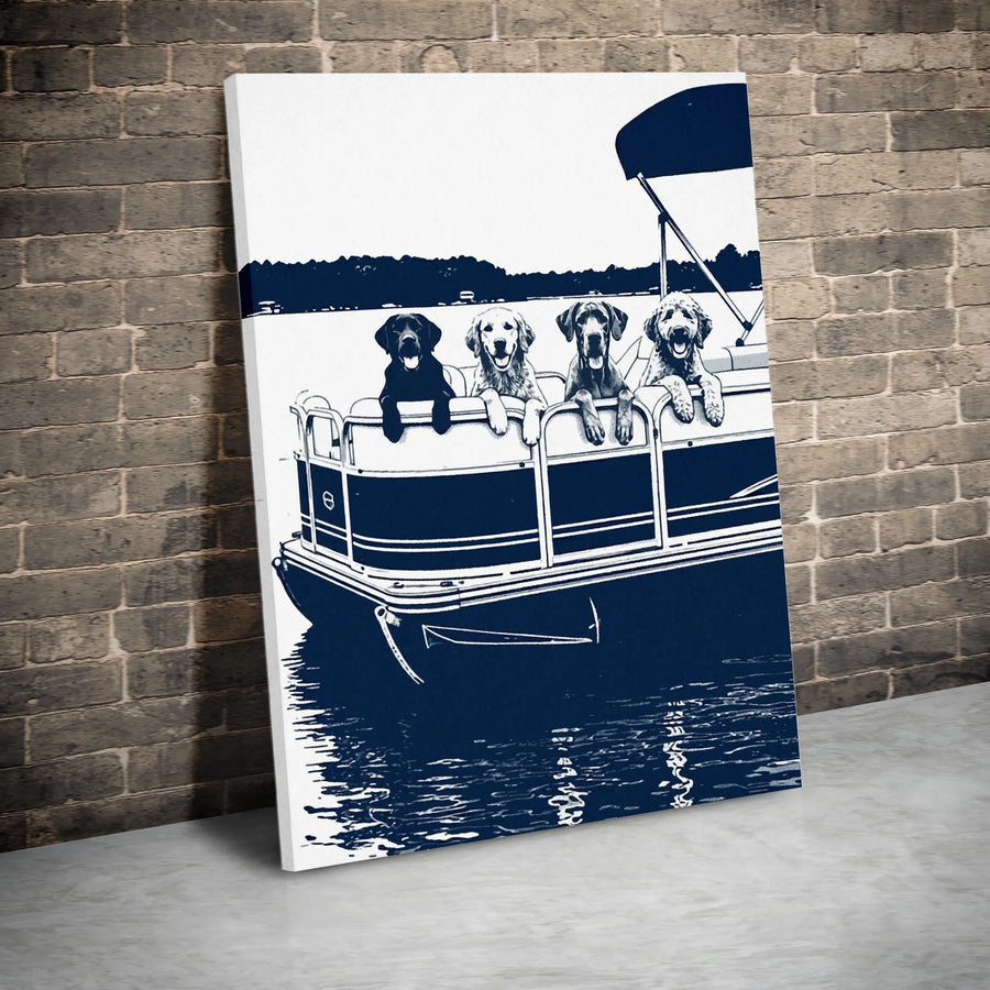 Dogs on Pontoon Boat Canvas Art | Minimalist Two-Tone Pet Illustration | Premium Gallery Wrapped Canvas | Gift for Dog Dad & Lake House Decor
