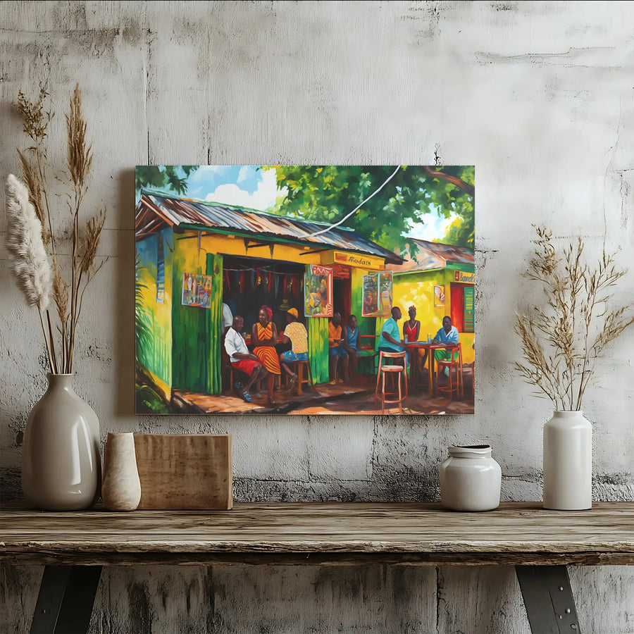 African Village Life Canvas Art | Vibrant Roadside Market Scene | Gallery Quality Thick Canvas Print | Afrocentric Home Decor Gift