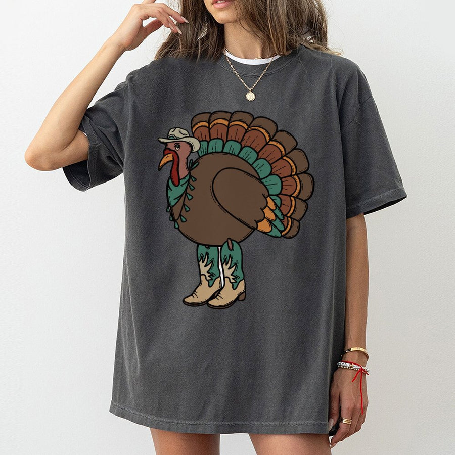 Western Turkey T-Shirt | Cowboy Boots Thanksgiving Graphic | 100% Cotton Premium Tee | Boho Fall Festive Gift for Women & Men
