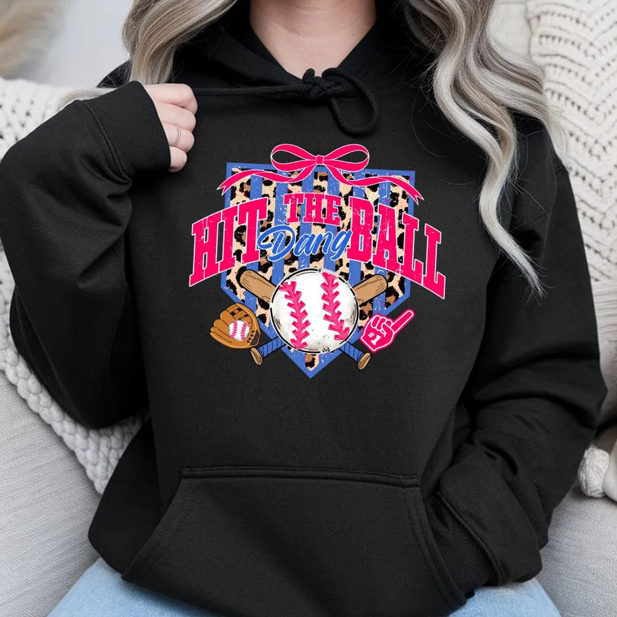 Game Day Baseball Hoodie | Coquette Leopard Print 'Hit The Dang Ball' Graphic | Soft Unisex Crewneck | Gift for Baseball Mom