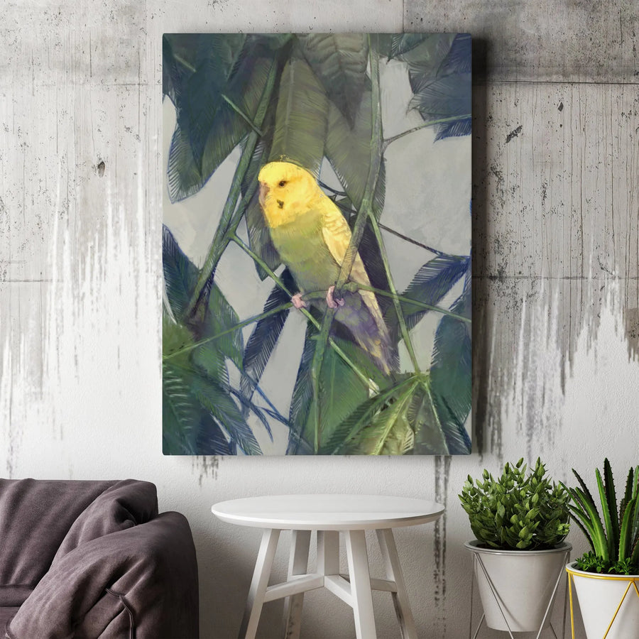 Yellow Budgie Canvas Wall Art | Tropical Leaf Bird Painting | Premium Gallery Wrap Print | Nature Decor Gift for Bird Lovers