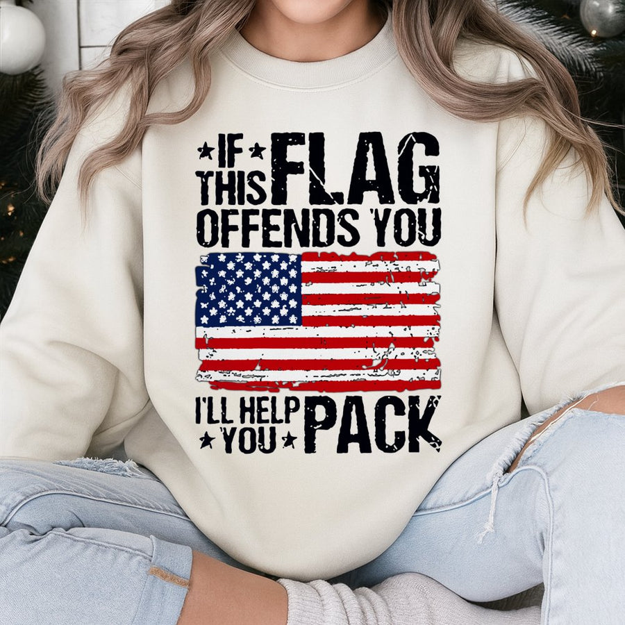 American Flag Sweatshirt | If This Flag Offends You Design | Distressed USA Patriotic Crewneck | Gift For Proud Americans