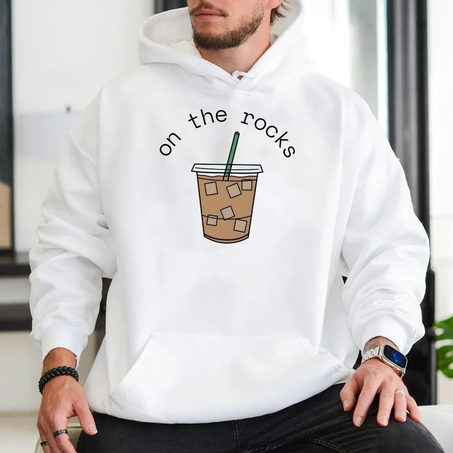 Iced Coffee Hoodie | Funny On The Rocks Graphic Pullover | Soft Cotton Blend | Gift for Coffee Lover Barista