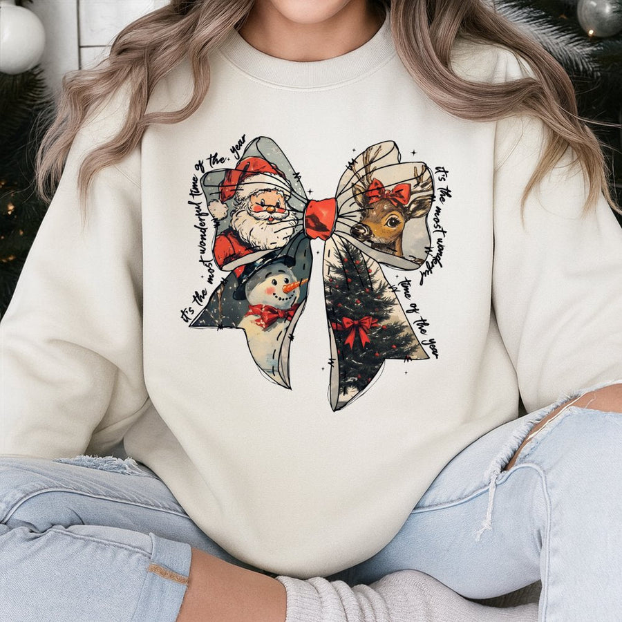 Christmas Bow Sweatshirt | Vintage Holiday Graphic Print | Cotton Blend Cozy Crewneck | Festive Santa Reindeer Gift for Her