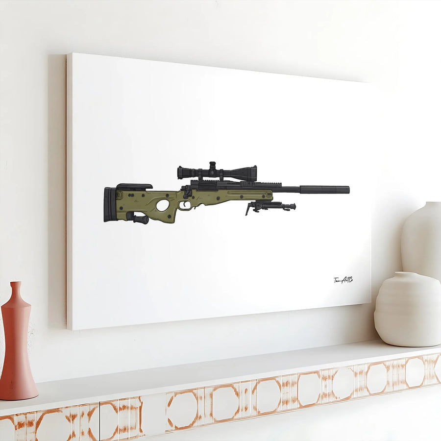 Sniper Rifle Canvas Wall Art | Tactical AWM Weapon Illustration | Premium Gallery Wrap Print | Man Cave Office Decor Gift