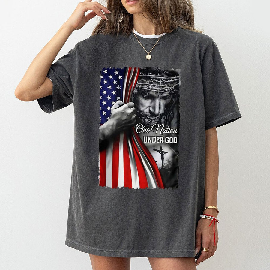 One Nation Under God T-Shirt | Patriotic American Flag & Jesus Design | Premium 100% Cotton | Christian Apparel Gift for Men and Women