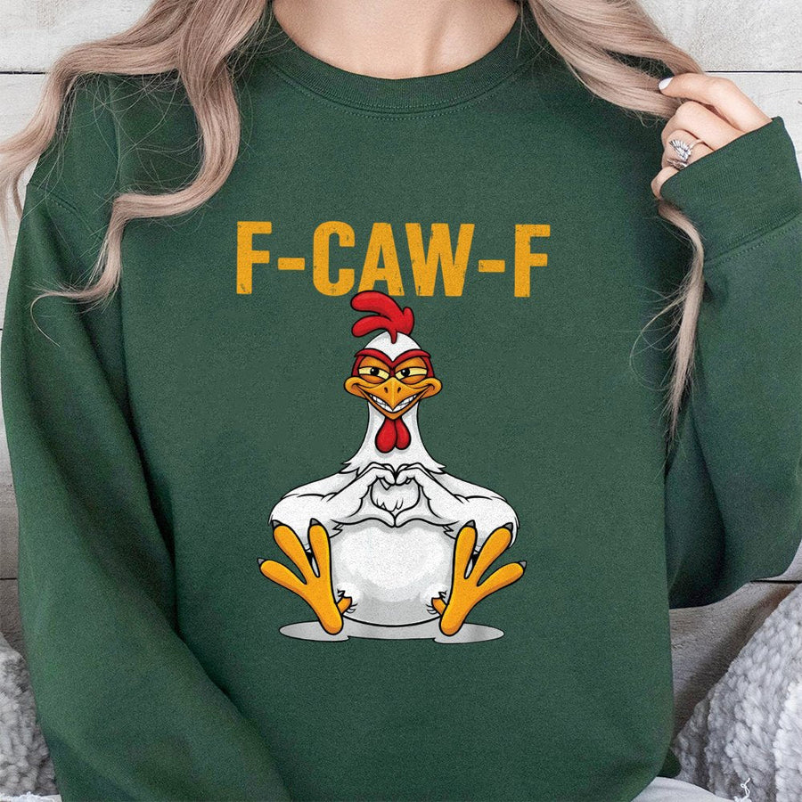 Funny Chicken Sweatshirt | F-CAW-F Heart Hands Meme Graphic | Premium Cotton Blend Crewneck | Sarcastic Poultry Gift for Chicken Lover