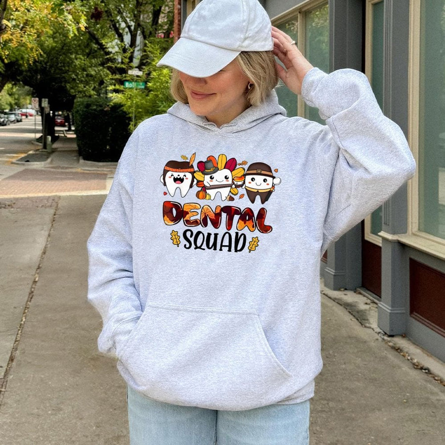 Dental Squad Thanksgiving Hoodie | Cute Autumn Tooth Characters Graphic | Soft Cotton-Blend Unisex Pullover | Gift for Dentist & Dental Hygienist