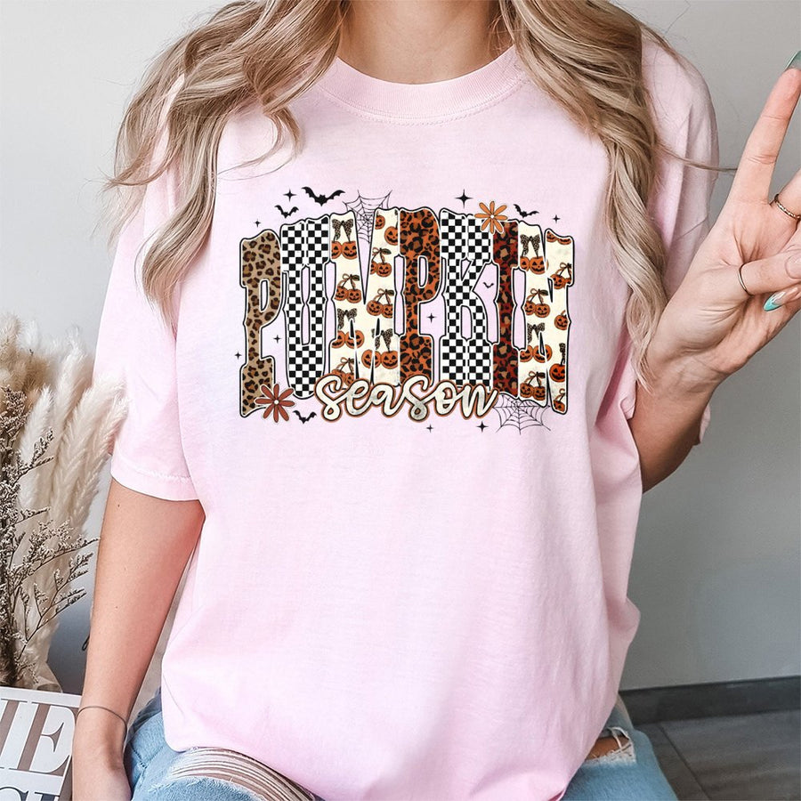 Pumpkin Season T-Shirt | Leopard Checkered Fall Graphic Tee | 100% Cotton Premium Quality | Trendy Thanksgiving Gift for Women and Men