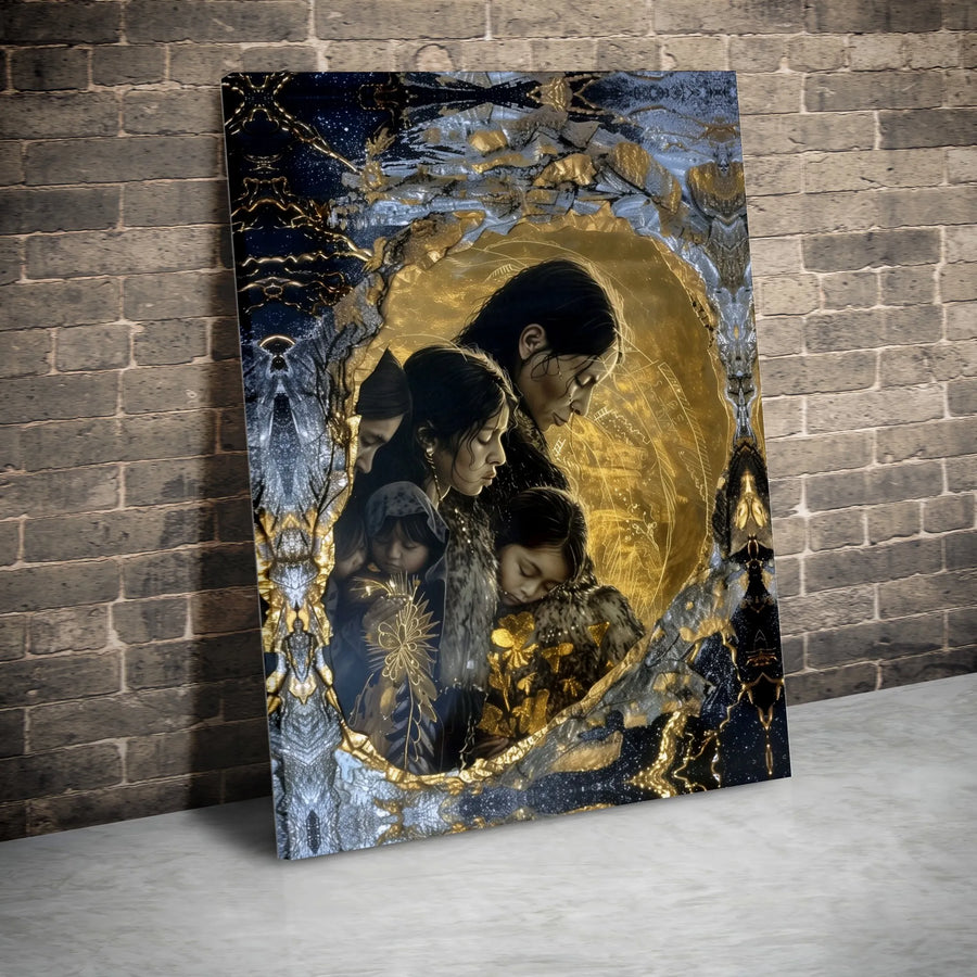 Mother and Children Wall Art | Abstract Gold & Blue Celestial Design | Premium Gallery Wrapped Canvas | Spiritual Home Decor Gift for Mom