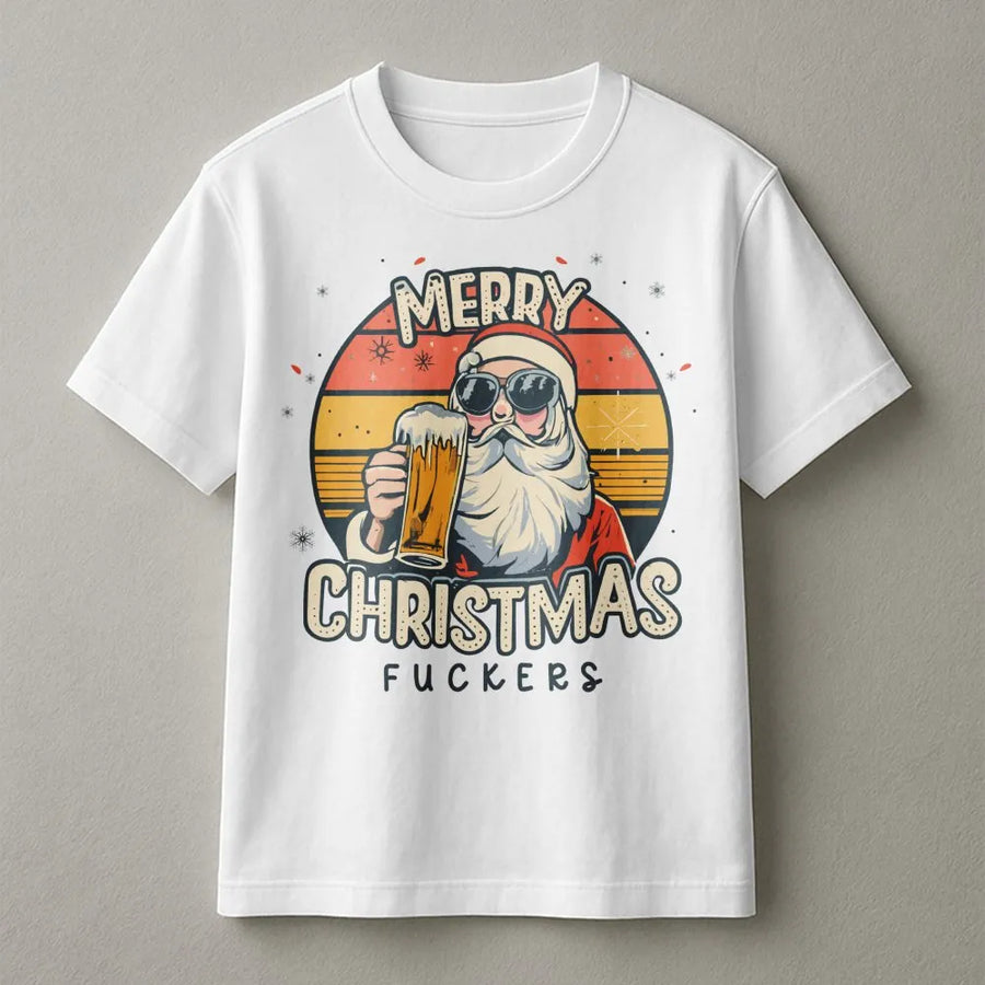 Funny Christmas T-Shirt | Retro Santa Drinking Beer Graphic | Premium Cotton Unisex Tee | Sarcastic Rude Holiday Gift for Adults