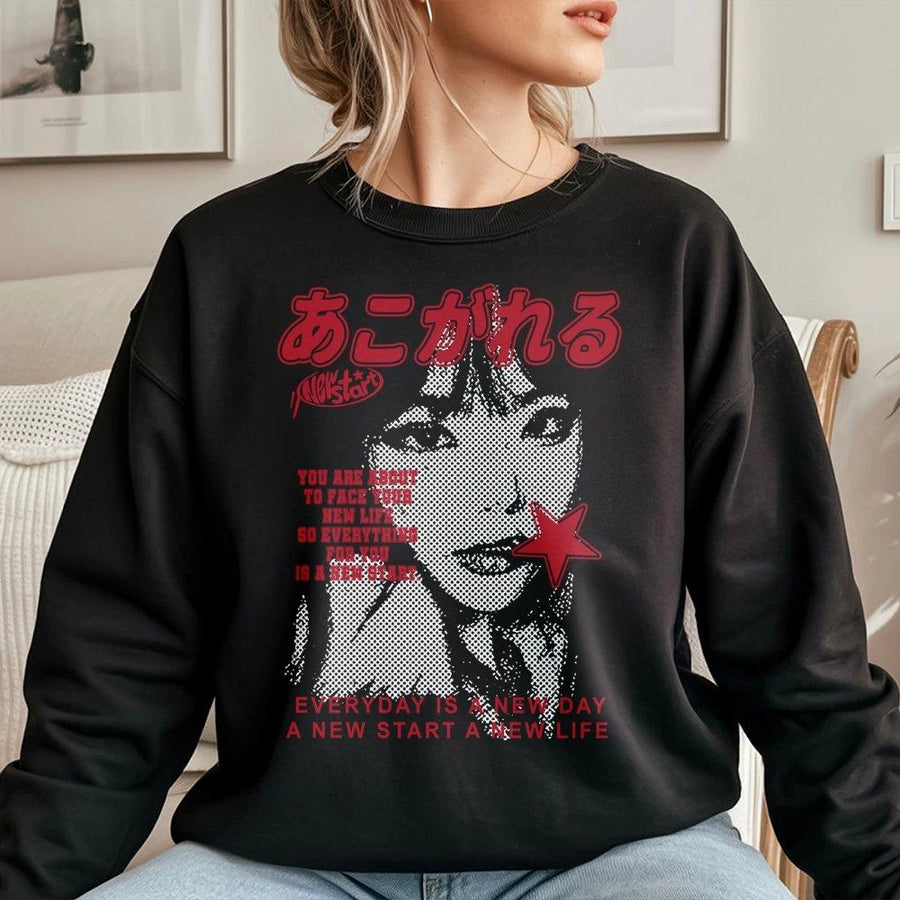 Y2K Aesthetic Sweatshirt | Japanese Text Graphic Print | Premium Cotton Blend | Unisex Oversized Streetwear Pullover Gift for Teens