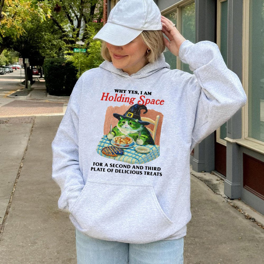 Funny Witch Cat Hoodie | Holding Space For Treats Graphic Design | Premium Cotton Blend Pullover | Cute Meme Gift For Cat Lovers