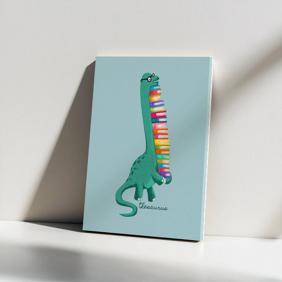 Funny Thesaurus Dinosaur Canvas | Cartoon Bookworm Dino Art Print | Premium Gallery Wrapped Wall Decor | Gift for Readers & Librarians
