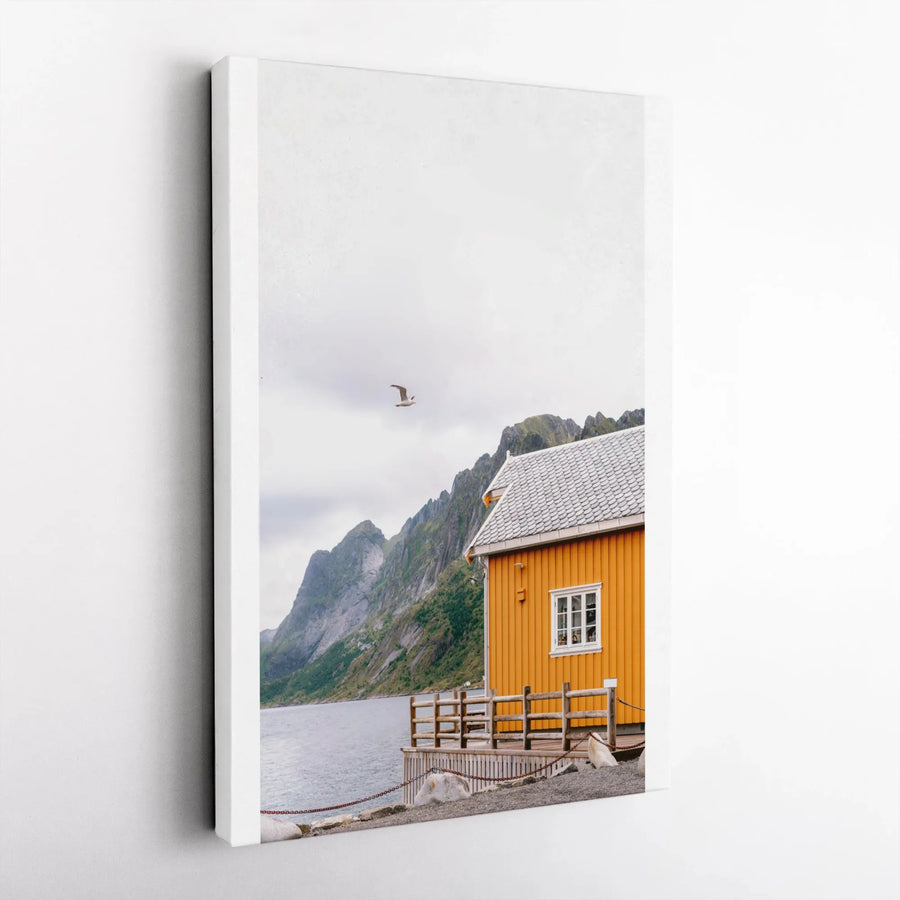 Yellow Cabin Canvas Wall Art | Scenic Norwegian Fjord Landscape Photography | Premium Gallery-Wrapped Print | Modern Nordic Home Decor Gift