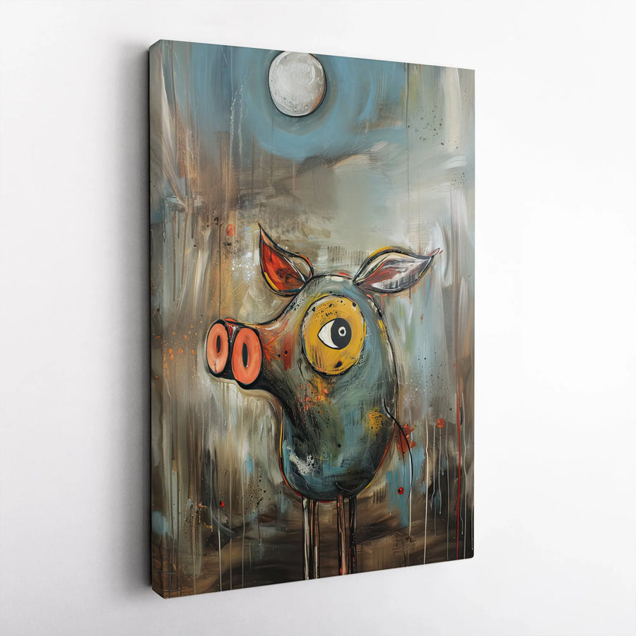Abstract Pig Canvas Wall Art | Modern Whimsical Farm Animal Painting | Premium Thick Gallery Wrap Canvas | Eclectic Home & Kitchen Decor Gift