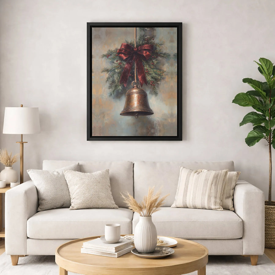 Vintage Christmas Bell Canvas Art | Rustic Pine Bough With Red Bow Print | Gallery Quality 1.25" Profile | Holiday Wall Decor Gift