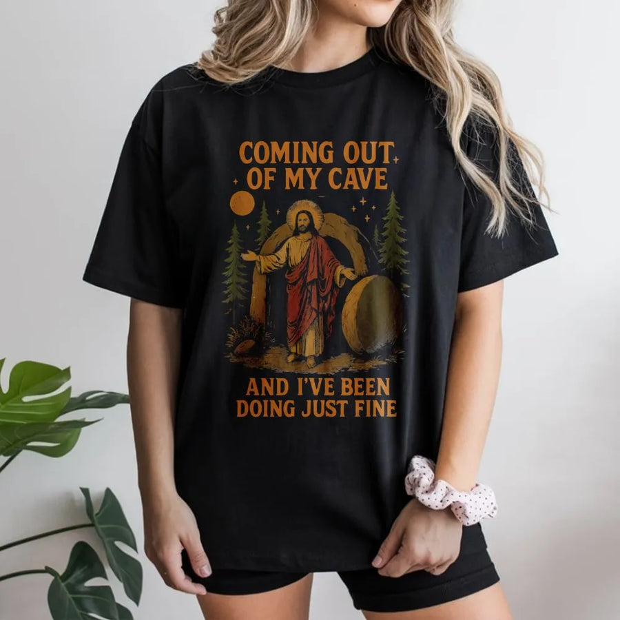 Funny Easter T-Shirt | Jesus Coming Out Of My Cave Meme Graphic | Premium Cotton Blend Crewneck | Religious Humor Gift For Christian