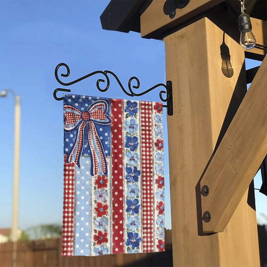 Patriotic Americana Garden Flag | Rustic Red White Blue Gingham Bow & Floral Stripes | Double-Sided Weather-Resistant Polyester | Outdoor Summer 4th of July Yard Decor Gift