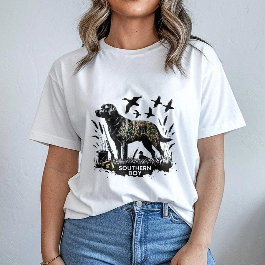 Southern Boy Hunting T-Shirt | Labrador Retriever Camo Duck Hunter Graphic | Premium Cotton Unisex Tee | Gift for Country Outdoor Enthusiasts