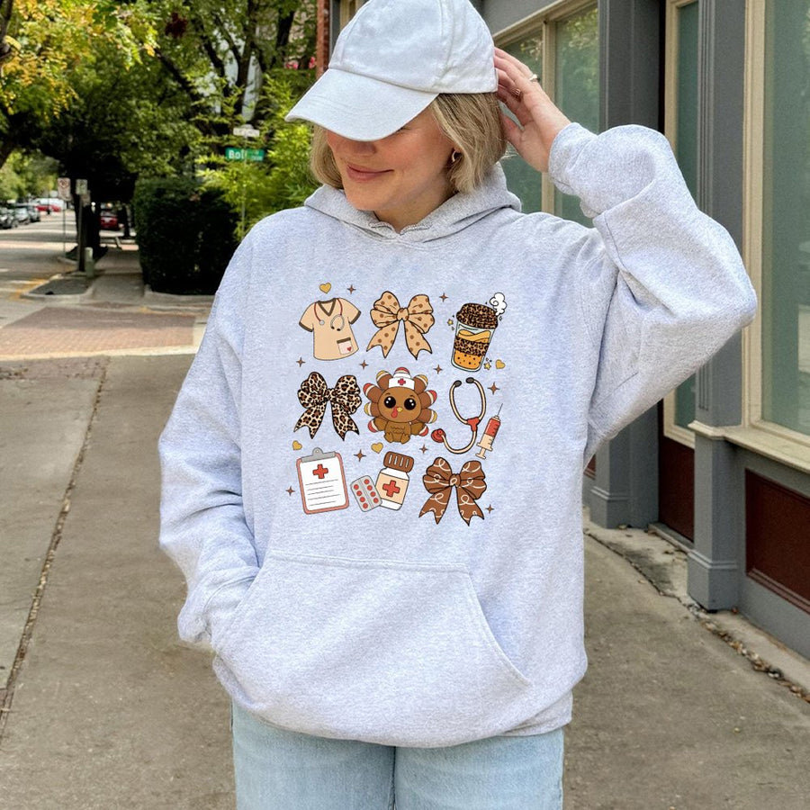 Nurse Thanksgiving Hoodie | Cute Turkey Medical Graphic | Soft Cotton Blend Sweatshirt | Fall Nursing School Gift for Her