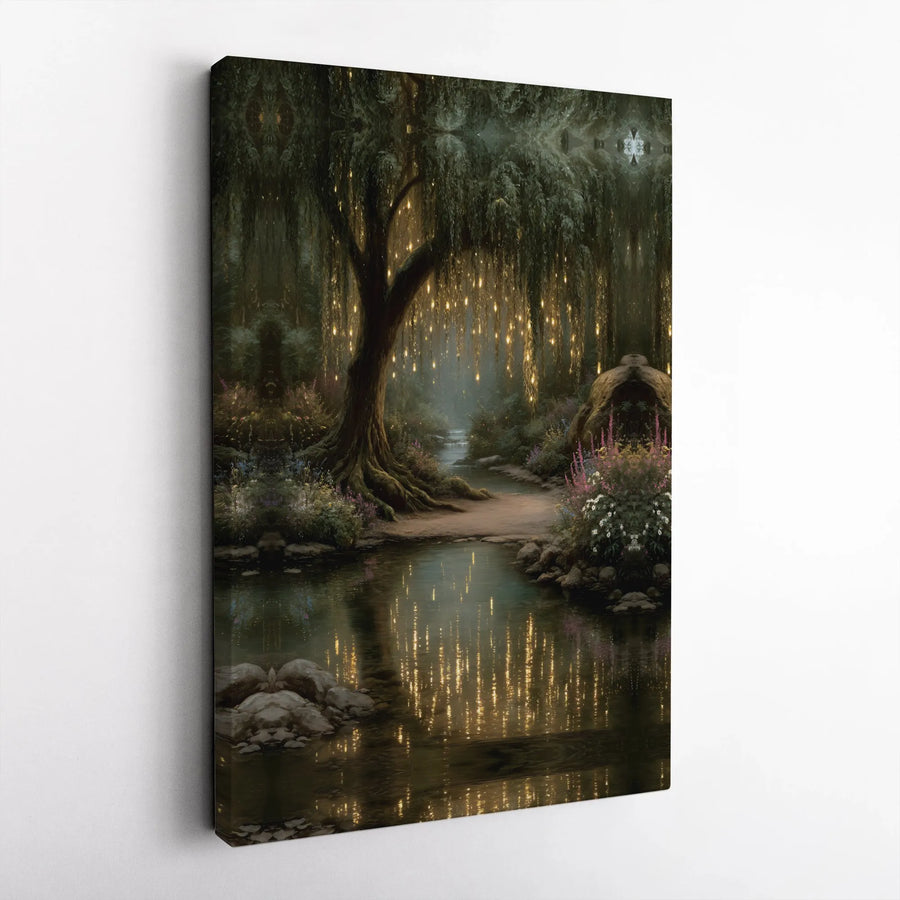 Enchanted Forest Canvas Wall Art | Fairy Light Weeping Willow Print | Gallery-Quality 1.25-Inch Profile | Magical Nature Home Decor Gift