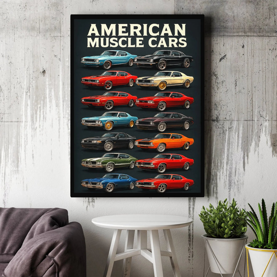 American Muscle Cars Wall Art | Vintage Classic Car Chart Poster | Gallery Wrapped Canvas | Gift for Car Enthusiast, Garage Decor