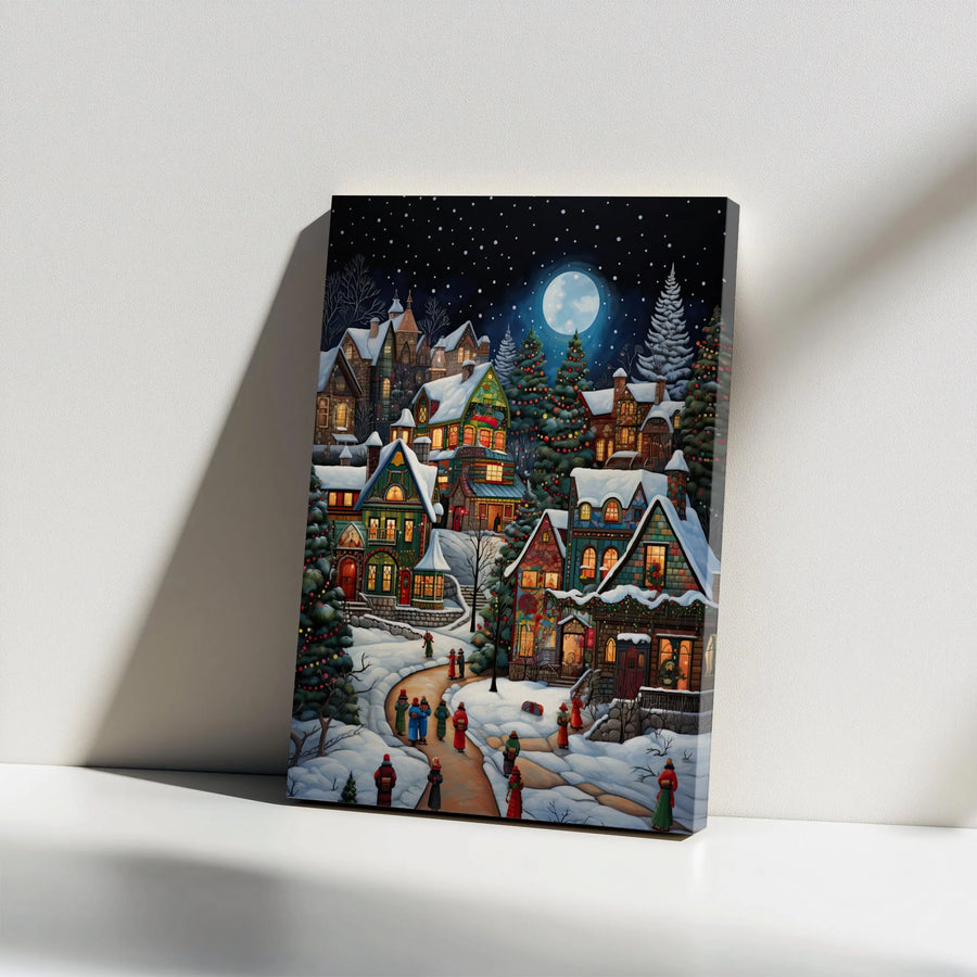 Snowy Christmas Village Canvas Wall Art | Whimsical Winter Night Landscape | Premium 1.25 Inch Gallery Wrap | Festive Holiday Home Decor Gift